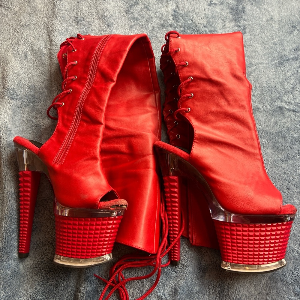 PLEASER Thigh High Red Studded Stripper Heel Boots 8” - Picture 2 of 4